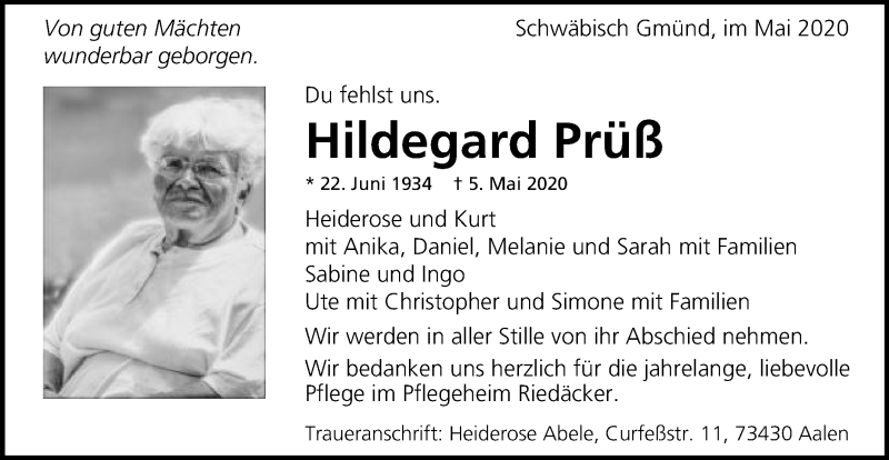  Traueranzeige für Hildegard Prüß vom 09.05.2020 aus Gmünder Tagespost