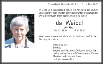 Traueranzeige von Ida Waibel von Gmünder Tagespost