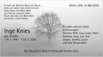 Traueranzeige von Inge Knies von Gmünder Tagespost
