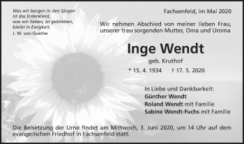 Traueranzeige von Inge Wendt von Schwäbische Post