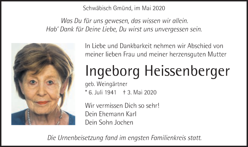  Traueranzeige für Ingeborg Heissenberger vom 13.05.2020 aus Gmünder Tagespost