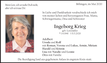 Traueranzeige von Ingeborg Krieg von Gmünder Tagespost