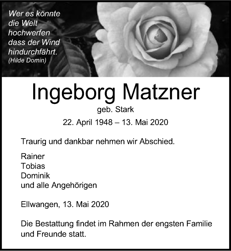  Traueranzeige für Ingeborg Matzner vom 15.05.2020 aus Schwäbische Post
