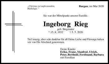 Traueranzeige von Ingeborg Rieg von Gmünder Tagespost