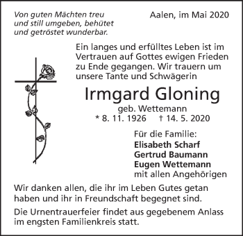 Traueranzeige von Irmgard Gloning von Schwäbische Post