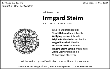 Traueranzeige von Irmgard Steim von Schwäbische Post