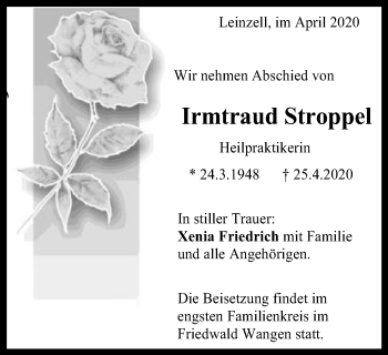 Traueranzeige von Irmtraud Stroppel von Gmünder Tagespost