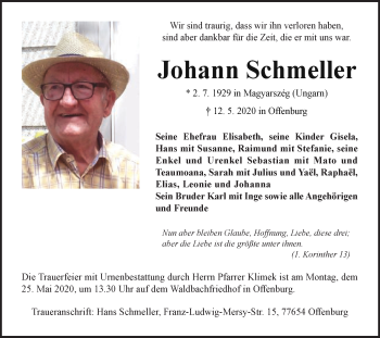 Traueranzeige von Johann Schmeller von Schwäbische Post