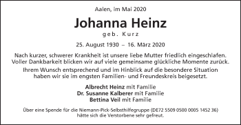 Traueranzeige von Johanna Heinz von Schwäbische Post