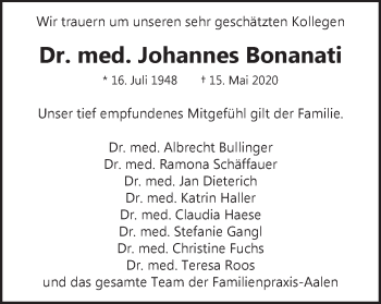 Traueranzeige von Johannes Bonanati von Schwäbische Post