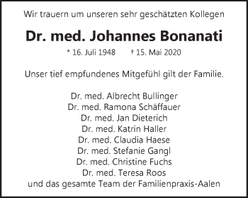 Traueranzeige von Johannes Bonanati