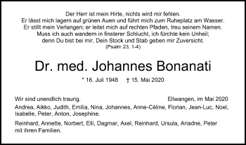 Traueranzeige von Johannes Bonanati von Schwäbische Post