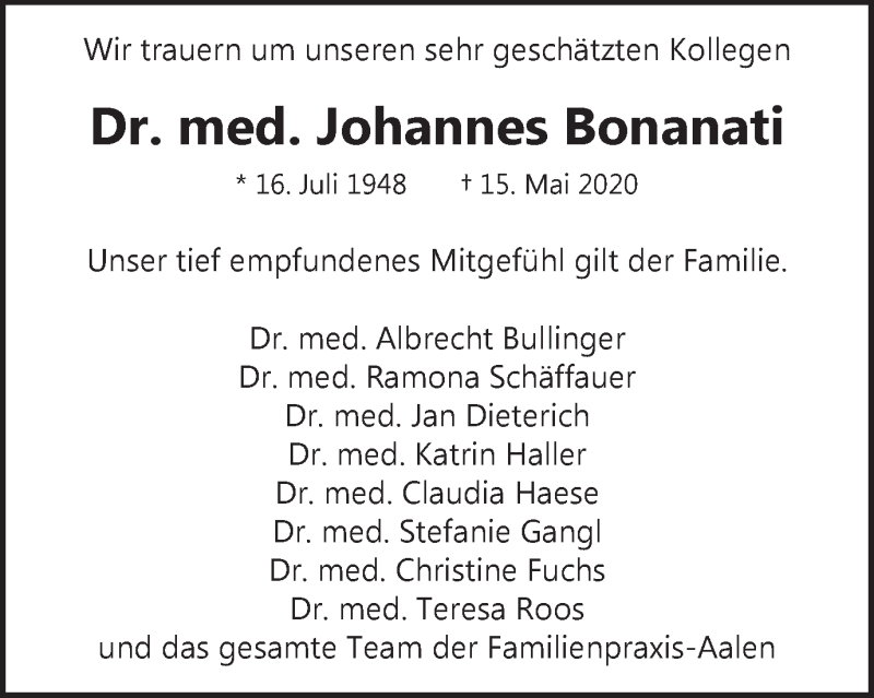  Traueranzeige für Johannes Bonanati vom 20.05.2020 aus Schwäbische Post