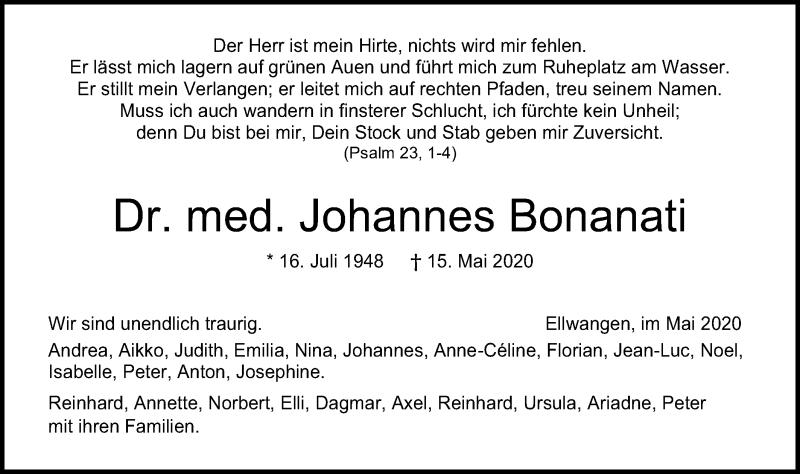  Traueranzeige für Johannes Bonanati vom 18.05.2020 aus Schwäbische Post