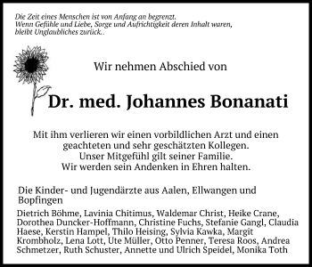 Traueranzeige von Johannes Bonanati von Schwäbische Post
