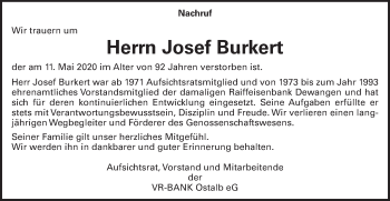 Traueranzeige von Josef Burkert von Schwäbische Post