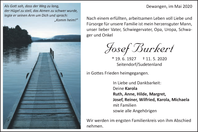  Traueranzeige für Josef Burkert vom 15.05.2020 aus Schwäbische Post