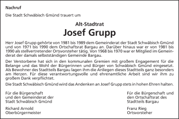 Traueranzeige von Josef Grupp von Gmünder Tagespost