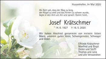 Traueranzeige von Josef Krätschmer von Gmünder Tagespost