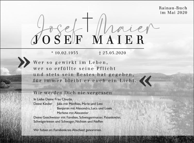  Traueranzeige für Josef Maier vom 30.05.2020 aus Schwäbische Post