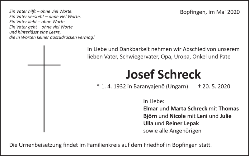  Traueranzeige für Josef Schreck vom 25.05.2020 aus Schwäbische Post