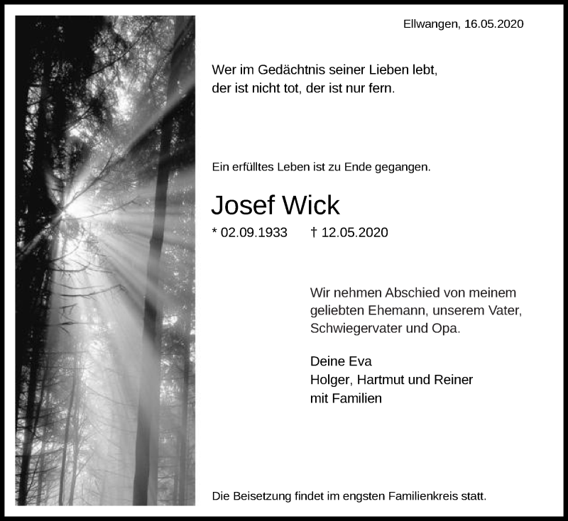  Traueranzeige für Josef Wick vom 16.05.2020 aus Schwäbische Post