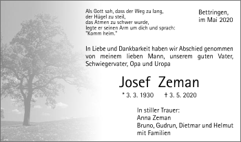 Traueranzeige von Josef Zeman von Gmünder Tagespost