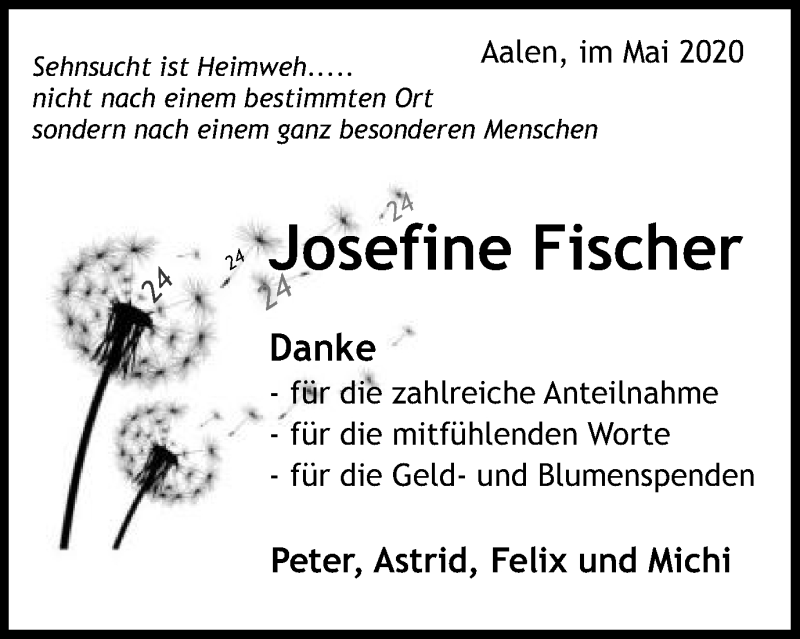  Traueranzeige für Josefine Fischer vom 02.05.2020 aus Schwäbische Post