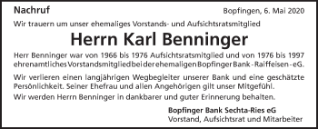 Traueranzeige von Karl Benninger von Schwäbische Post