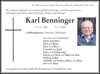Traueranzeige von Karl Benninger von Schwäbische Post