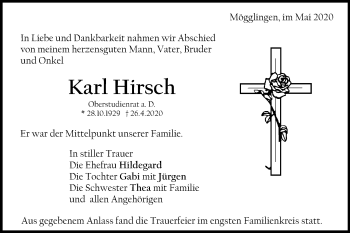 Traueranzeige von Karl Hirsch von Schwäbische Post