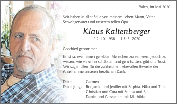 Traueranzeige von Klaus Kaltenberger von Schwäbische Post