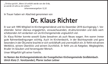 Traueranzeige von Klaus Richter von Gmünder Tagespost