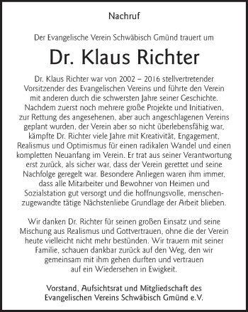 Traueranzeige von Klaus Richter von Gmünder Tagespost