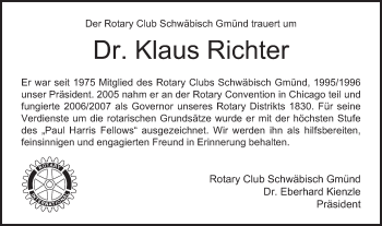 Traueranzeige von Klaus Paul Ernst Richter von Gmünder Tagespost