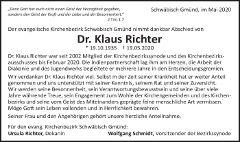 Traueranzeige von Klaus Paul Ernst Richter von Gmünder Tagespost