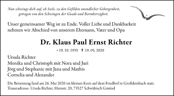 Traueranzeige von Klaus Paul Ernst Richter von Gmünder Tagespost