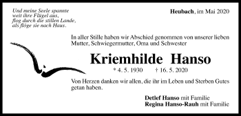 Traueranzeige von Kriemhilde Hanso von Gmünder Tagespost