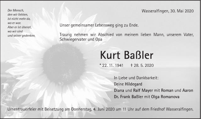  Traueranzeige für Kurt Baßler vom 30.05.2020 aus Schwäbische Post