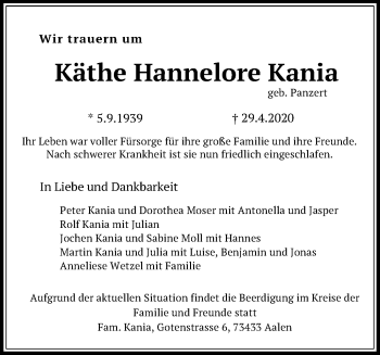 Traueranzeige von Käthe Hannelore Kania von Schwäbische Post