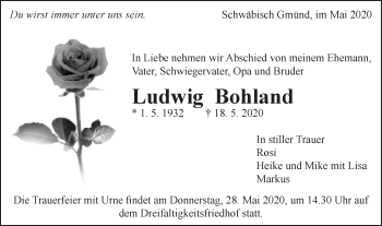 Traueranzeige von Ludwig Bohland von Gmünder Tagespost