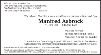 Traueranzeige von Manfred Asbrock von Schwäbische Post