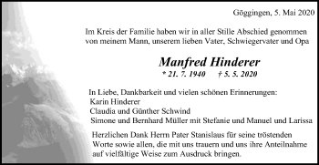 Traueranzeige von Manfred Hinderer von Gmünder Tagespost