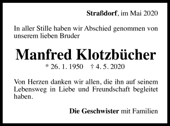 Traueranzeige von Manfred Klotzbücher von Gmünder Tagespost