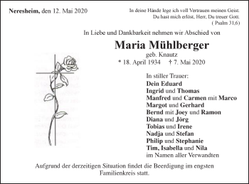 Traueranzeige von Maria Mühlberger von Schwäbische Post