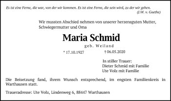 Traueranzeige von Maria Schmid von Schwäbische Post