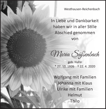 Traueranzeige von Maria Süßenbach von Schwäbische Post