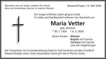 Traueranzeige von Maria Vetter von Schwäbische Post