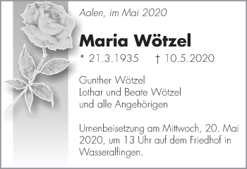 Traueranzeige von Maria Wötzel von Schwäbische Post