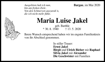 Traueranzeige von Maria Luise Jakel von Gmünder Tagespost
